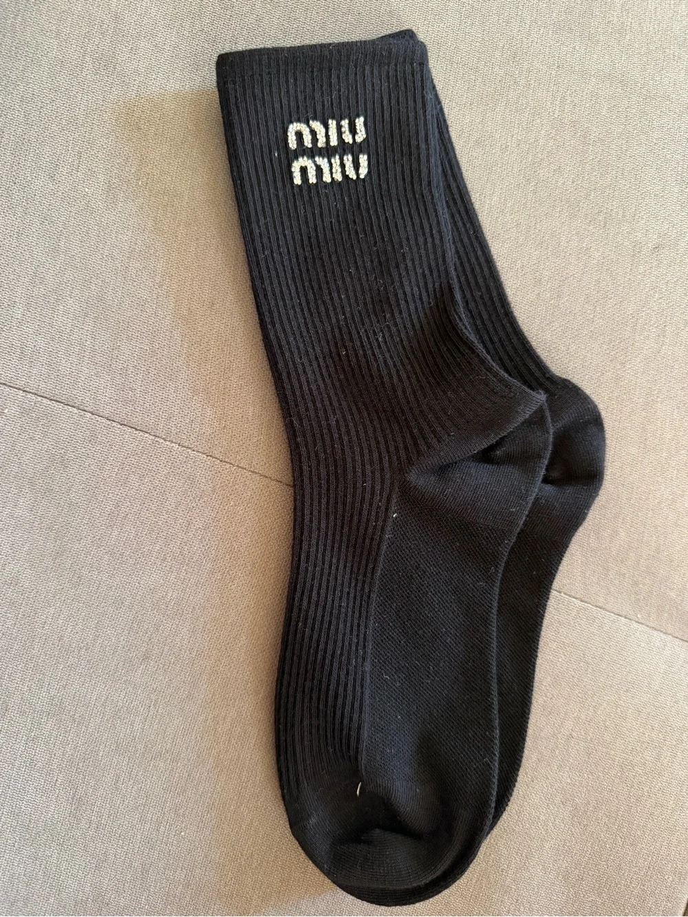 Miu Miu Black Ribbed Logo Crew Socks with White Accent